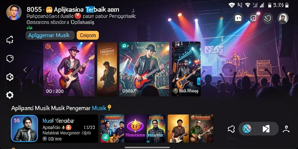 Screenshot dari gameplay <strong>8055</strong> yang menampilkan fitur lirik dan playlist.