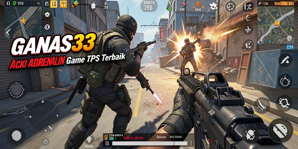 Screenshot utama GANAS33 menampilkan aksi seru dalam gameplay TPS.