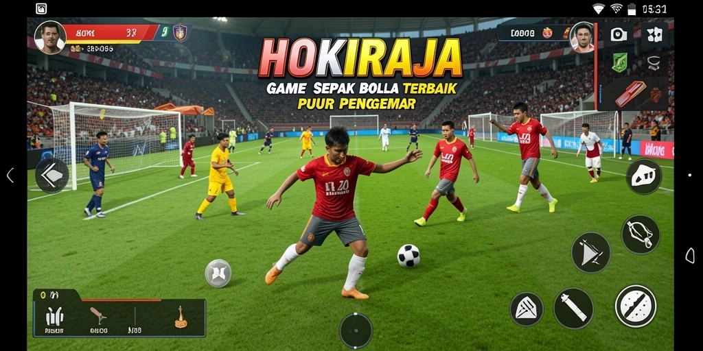 Screenshot menunjukkan aksi permainan sepak bola yang mengasyikkan di HOKIRAJA.