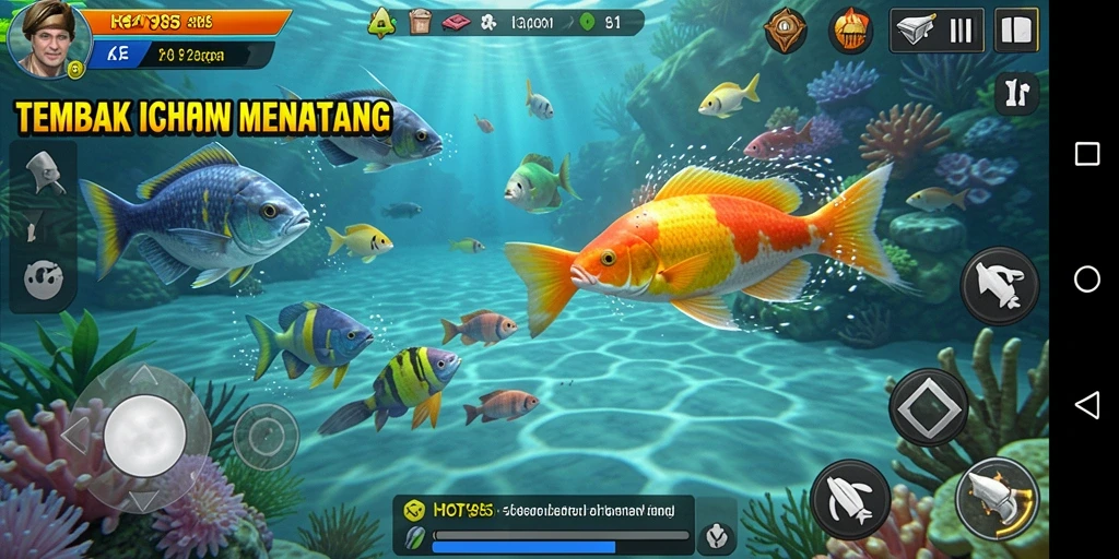 Screenshot gameplay HOT985 saat menangkap ikan di lautan.