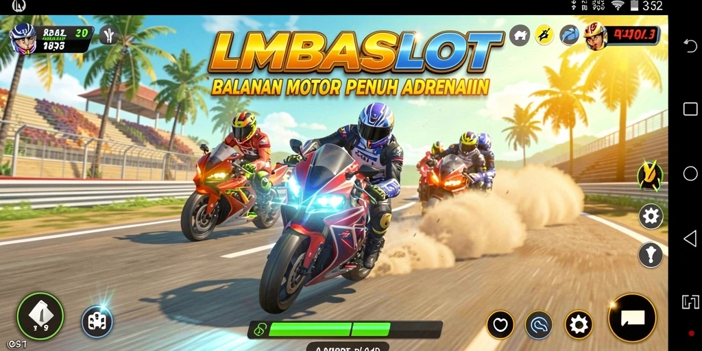 Tampilan gameplay seru LMBASLOT saat balapan motor di lintasan menantang.
