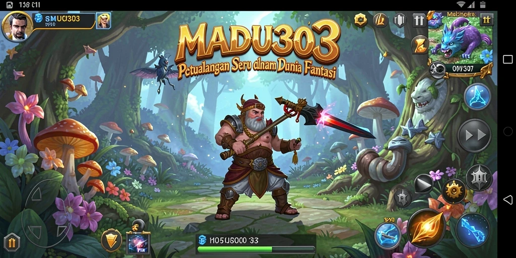 Tampilan gameplay MADU303 menampilkan pertempuran epik di dunia fantasi.