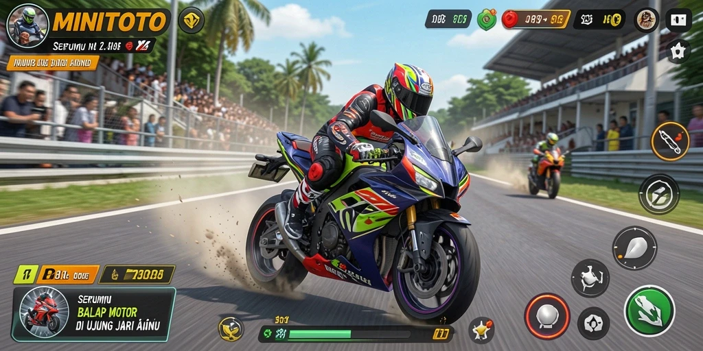 Tampilan gameplay balap motor yang seru dan mendebarkan.