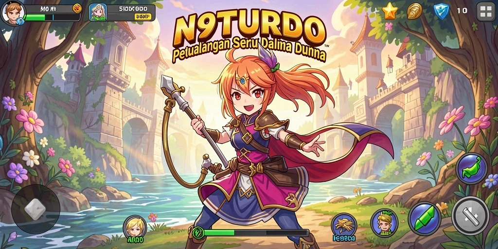 Tangkapan layar gameplay N9TURBO yang menampilkan aksi seru dan karakter anime.