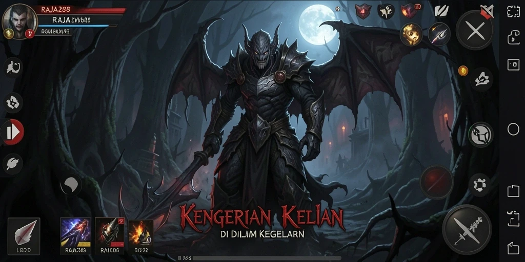Screenshot gameplay RAJA288 dengan suasana menakutkan dan karakter menyeramkan.