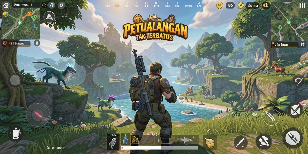 Tangkapan layar gameplay RP8 menunjukkan eksplorasi dunia terbuka yang luas.