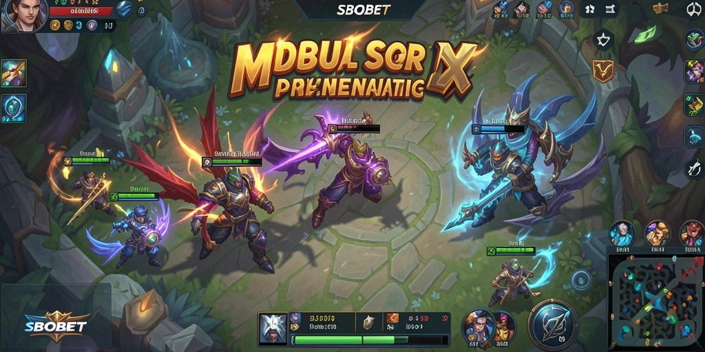 Screenshot SBOBET menampilkan pertarungan karakter MOBA yang seru.