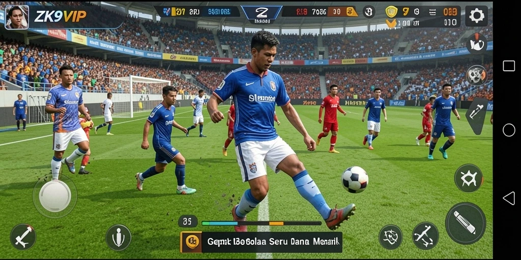 Tangkapan layar ZK9VIP menunjukkan aksi mendebarkan dalam pertandingan sepak bola.